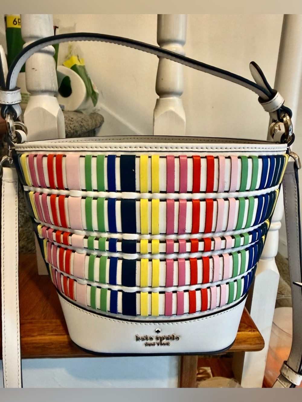 kate spade White Bucket Bag with Multicolor Woven Stripes like new